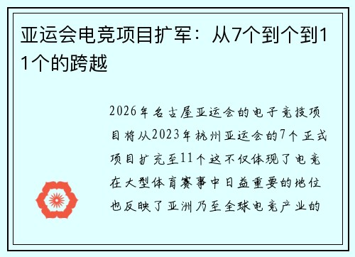 亚运会电竞项目扩军：从7个到个到11个的跨越